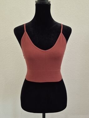 Ribbed V-Neck Spaghetti Strap Crop Top - Rust